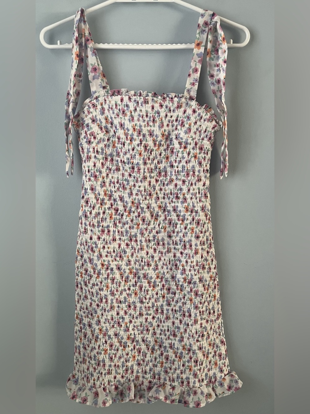 Japna White & Coloured Floral Fully Smocked Mini Dress Ruffle Hem Size S